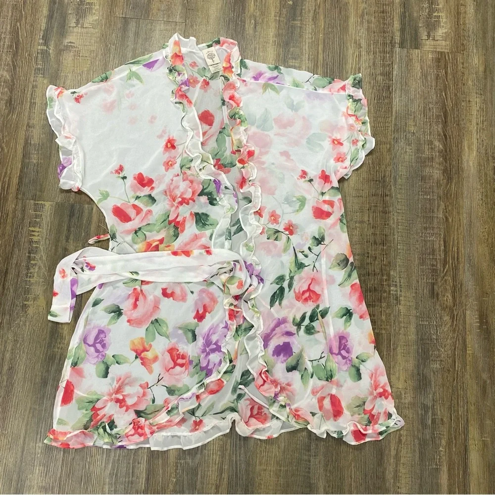 In Bloom Pink and White Floral Robe with‎ Ruffles Belted Open Feminine Girly